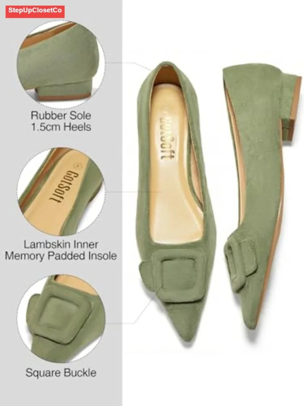 Women's Lambskin Lining Square Buckle Flats Slip-On Shoes Pointed Toe Comfort